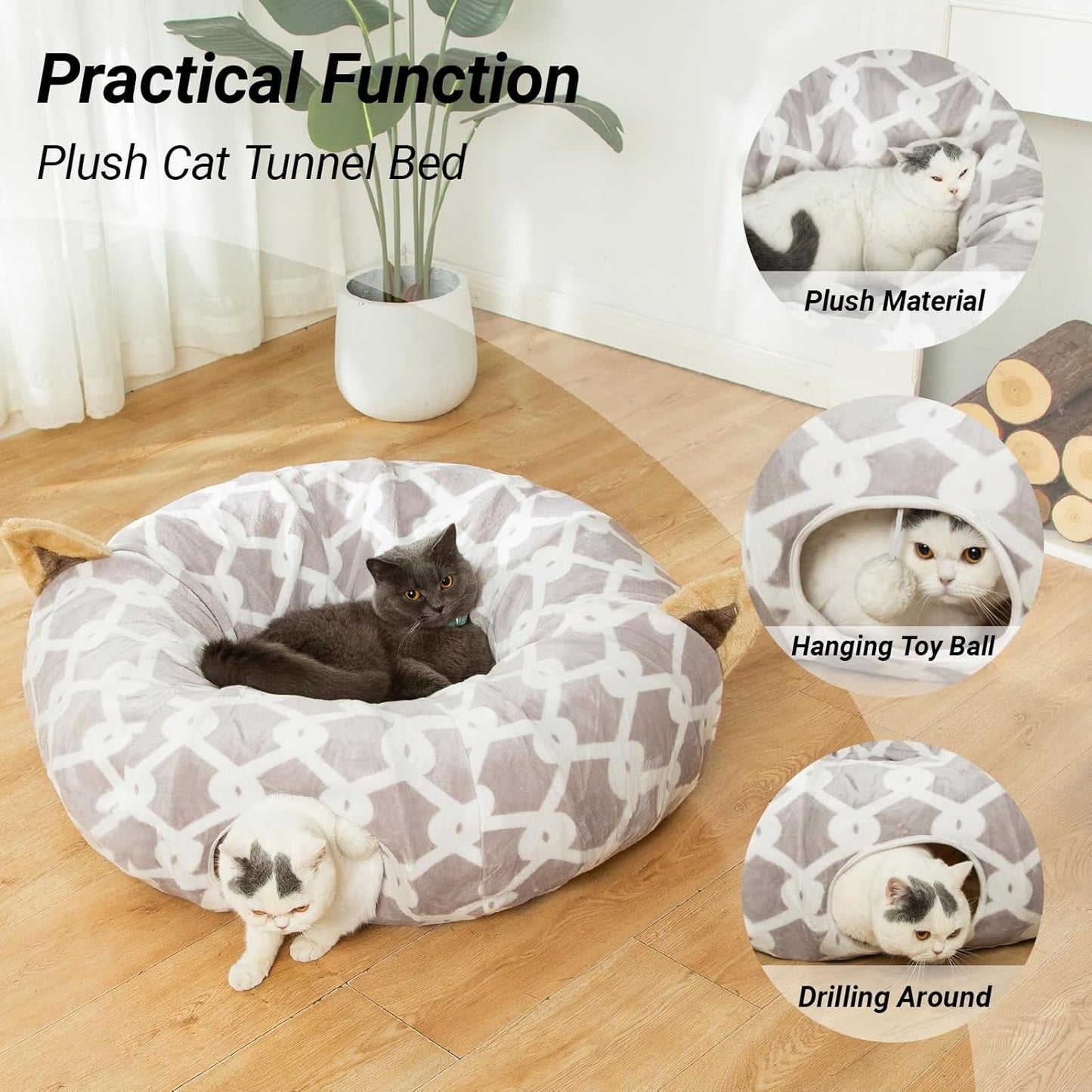 "Large Cat Tunnel Bed with Plush Cover and Toy Balls - Flexible Design for Cats and Small Dogs"