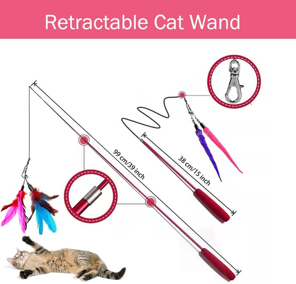 "Retractable Cat Toy Wand with Feather Attachments and Bells - Interactive Exercise Toys for Cats and Kittens, Includes Replacement Refills"