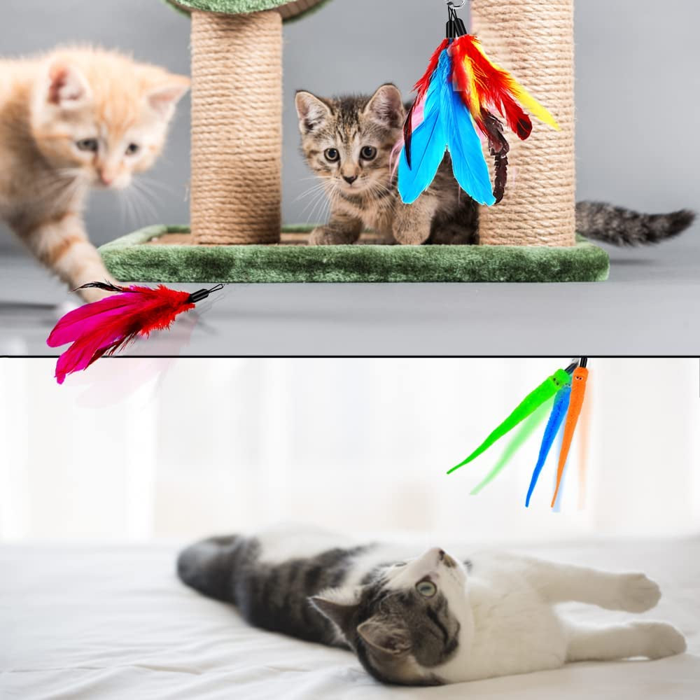 "Retractable Cat Toy Wand with Feather Attachments and Bells - Interactive Exercise Toys for Cats and Kittens, Includes Replacement Refills"