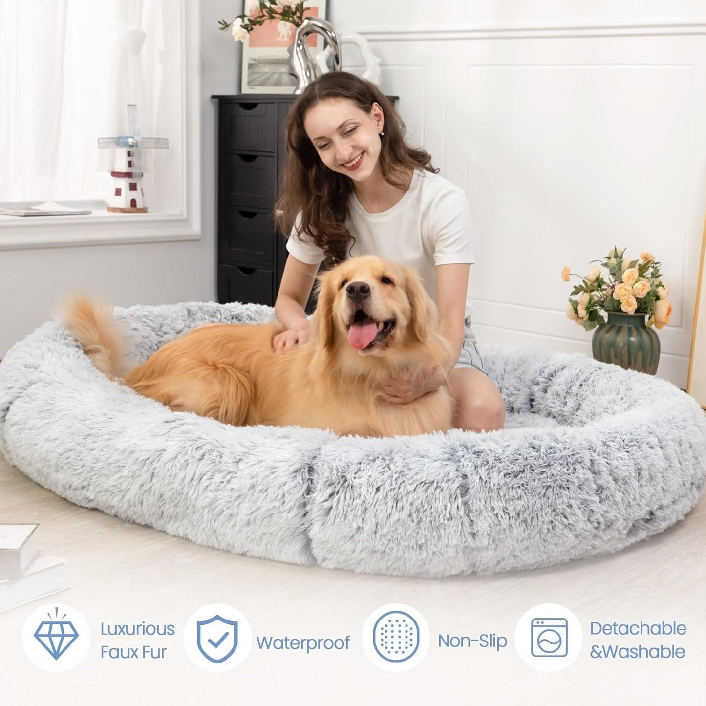 "Giant Washable Faux Fur Dog Bed - Grey White" - Happy Tails and Purrs