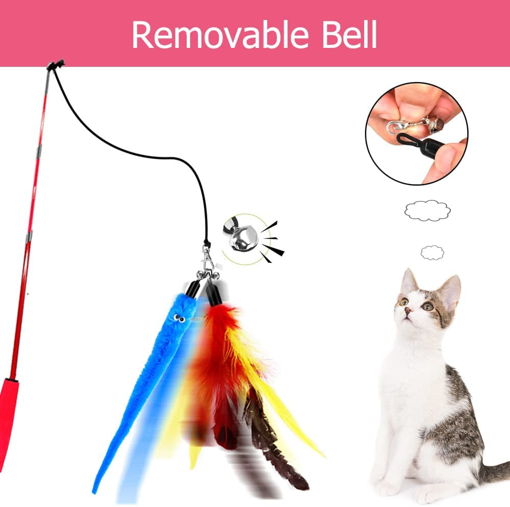 "Retractable Cat Toy Wand with Feather Attachments and Bells - Interactive Exercise Toys for Cats and Kittens, Includes Replacement Refills"