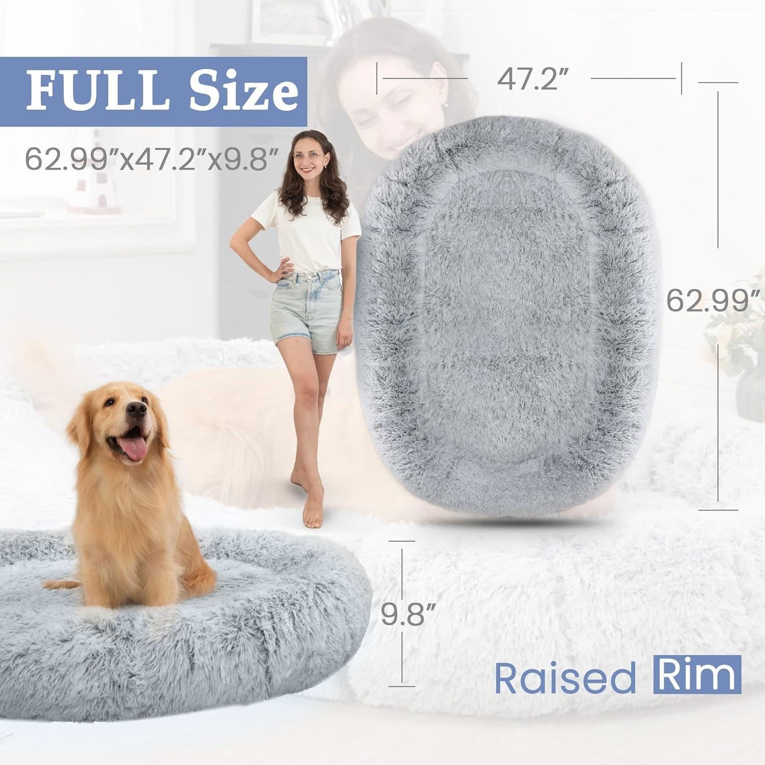 "Giant Washable Faux Fur Dog Bed - Grey White" - Happy Tails and Purrs