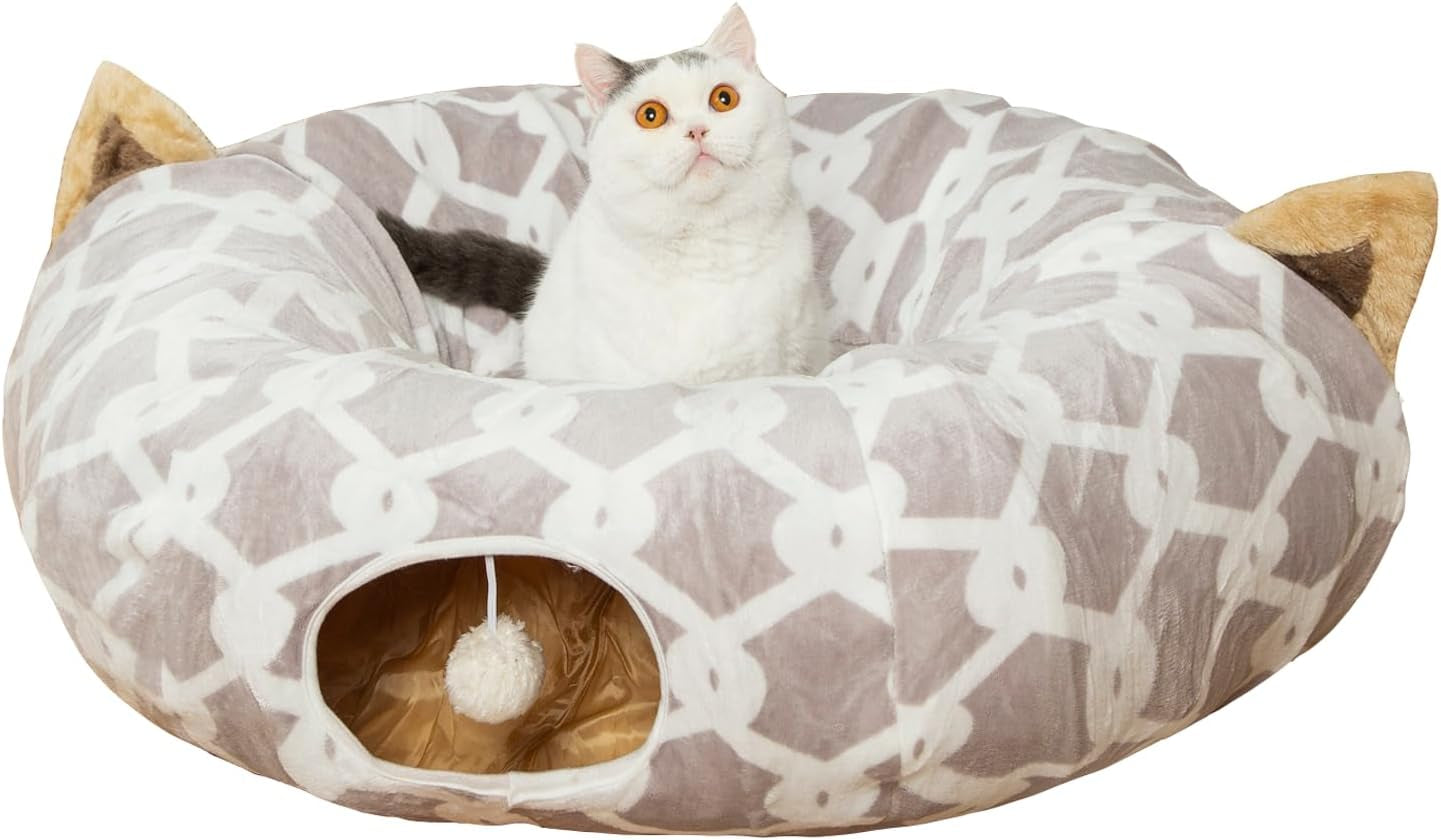 "Large Cat Tunnel Bed with Plush Cover and Toy Balls - Flexible Design for Cats and Small Dogs"