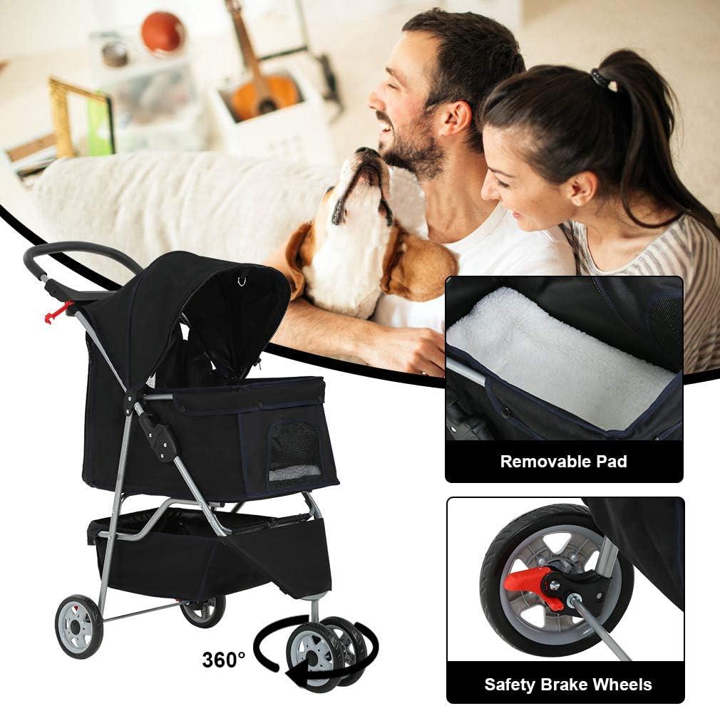 3-Wheel Pet Stroller with Cup Holder & Removable Liner - Happy Tails and Purrs