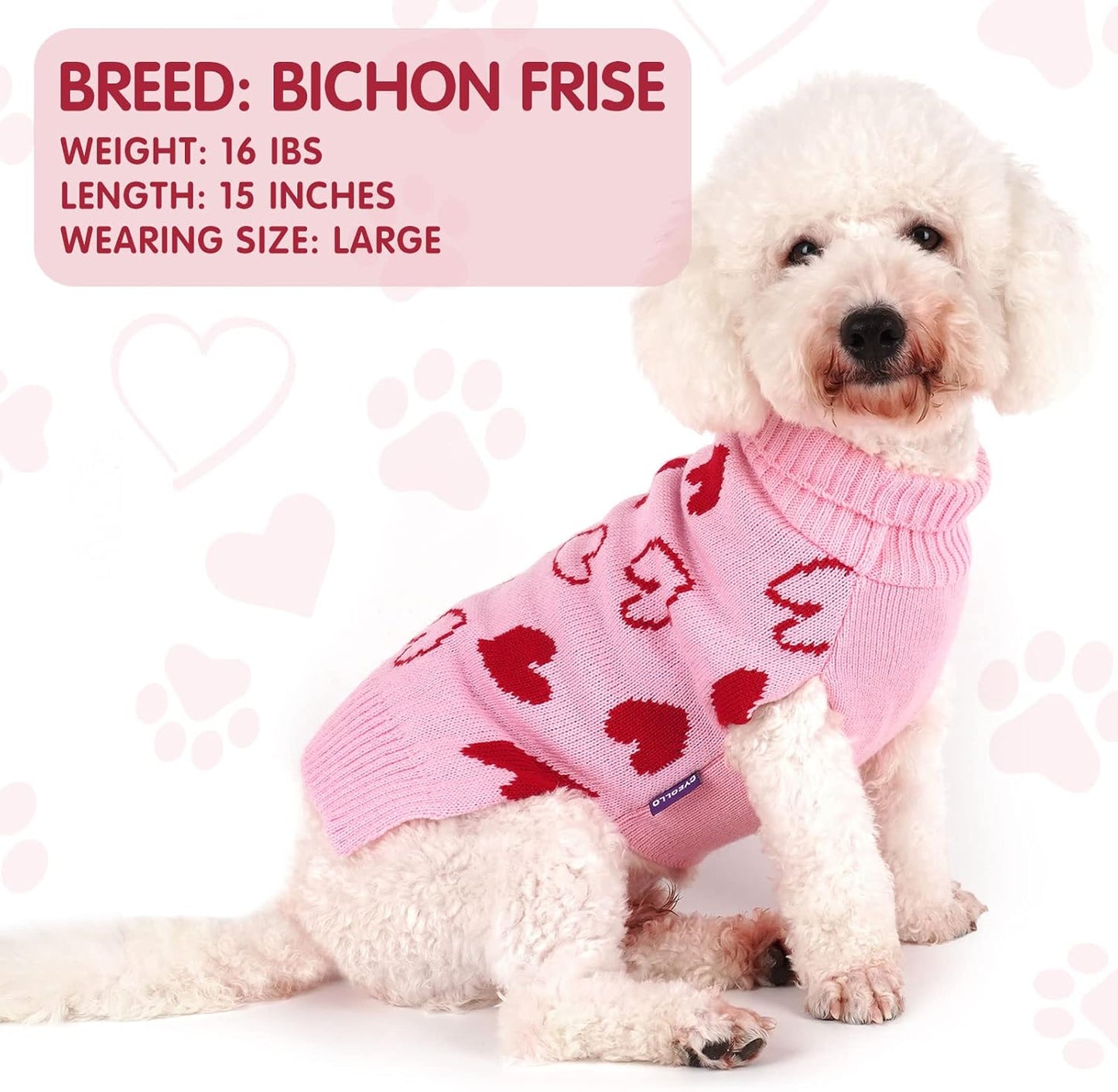 Valentine's Heart Sweater for Small Dogs - Pink Turtleneck with Leash Hole