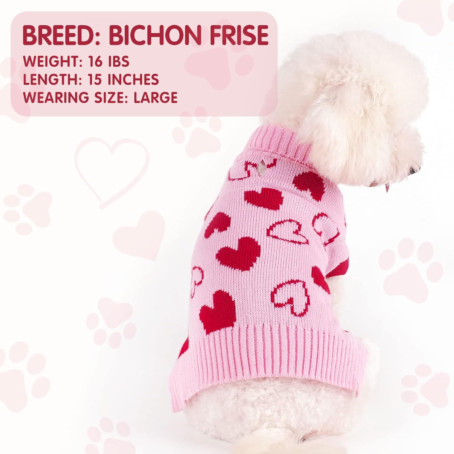 Valentine's Heart Sweater for Small Dogs - Pink Turtleneck with Leash Hole