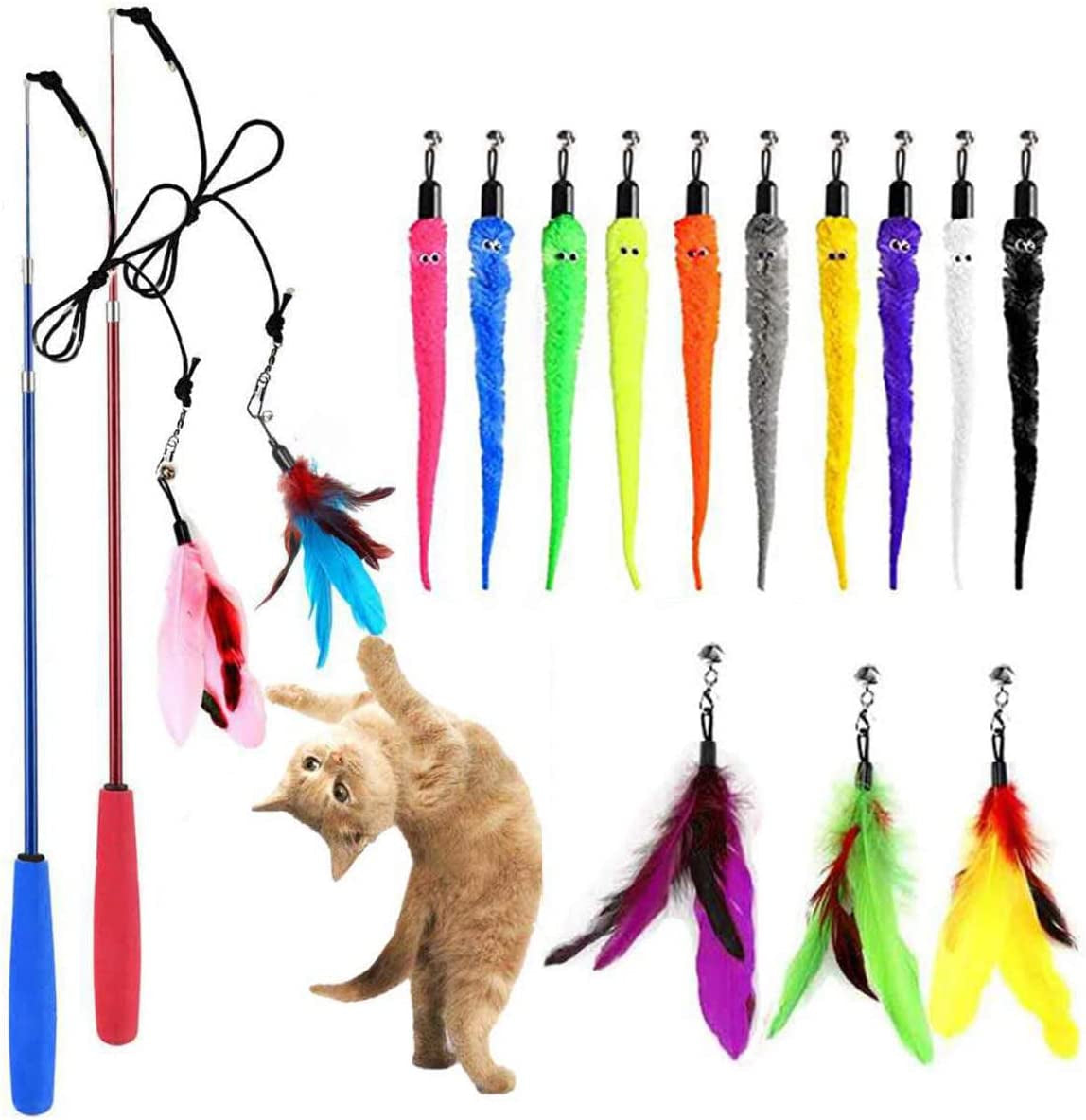 "Retractable Cat Toy Wand with Feather Attachments and Bells - Interactive Exercise Toys for Cats and Kittens, Includes Replacement Refills"