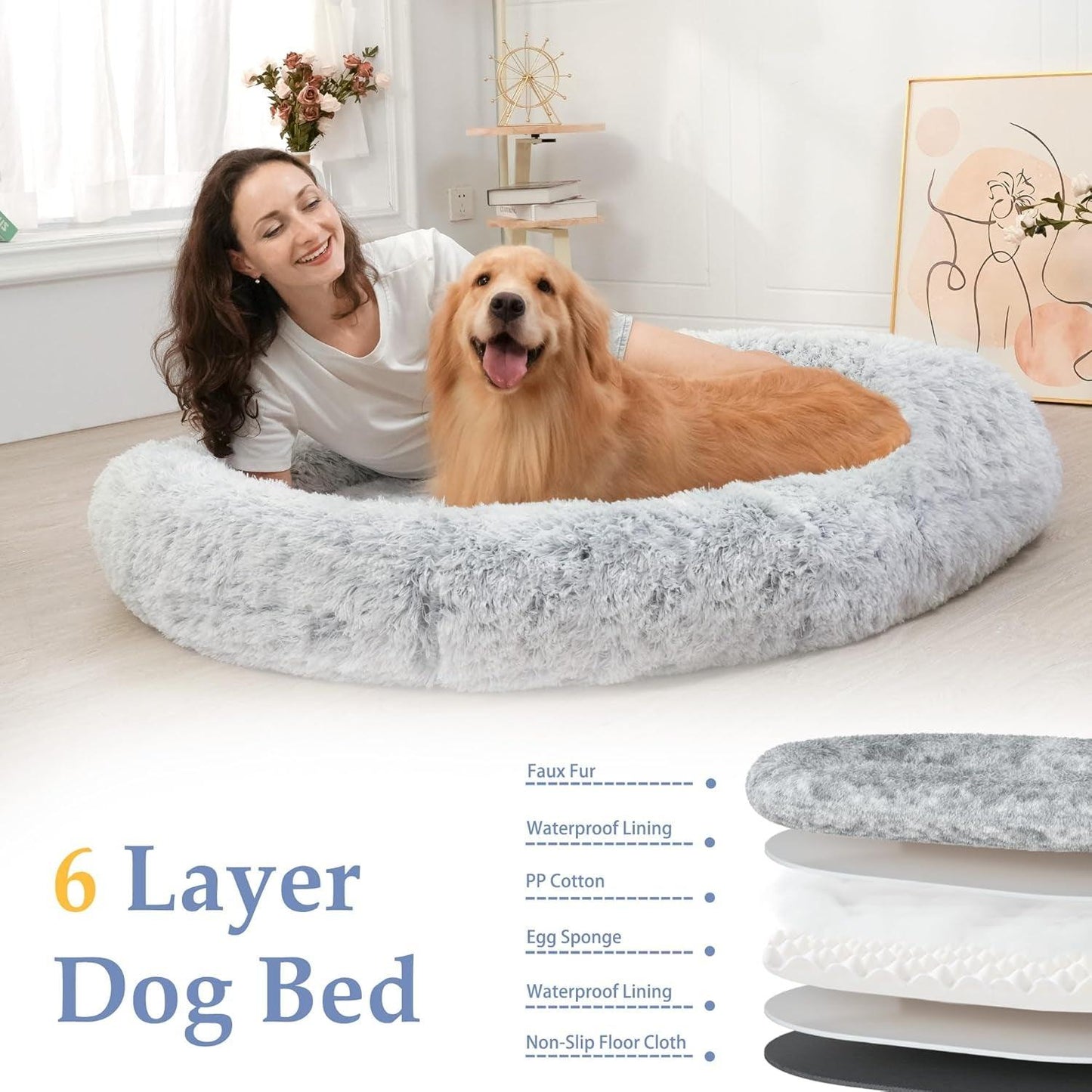 "Giant Washable Faux Fur Dog Bed - Grey White" - Happy Tails and Purrs