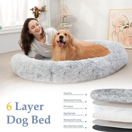 "Giant Washable Faux Fur Dog Bed - Grey White" - Happy Tails and Purrs