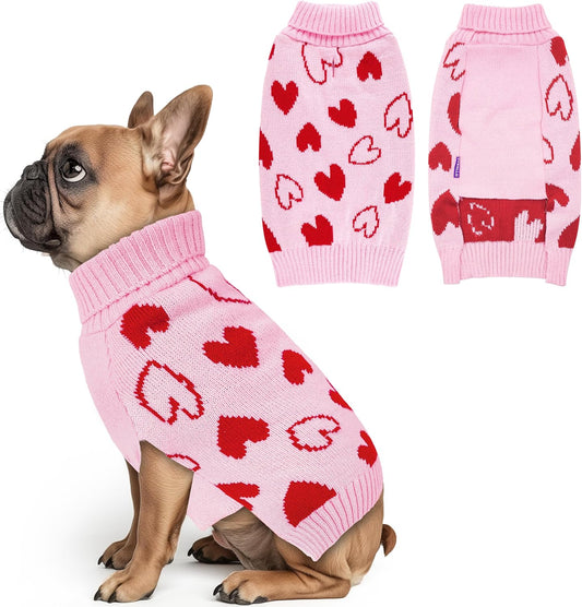 Valentine's Heart Sweater for Small Dogs - Pink Turtleneck with Leash Hole