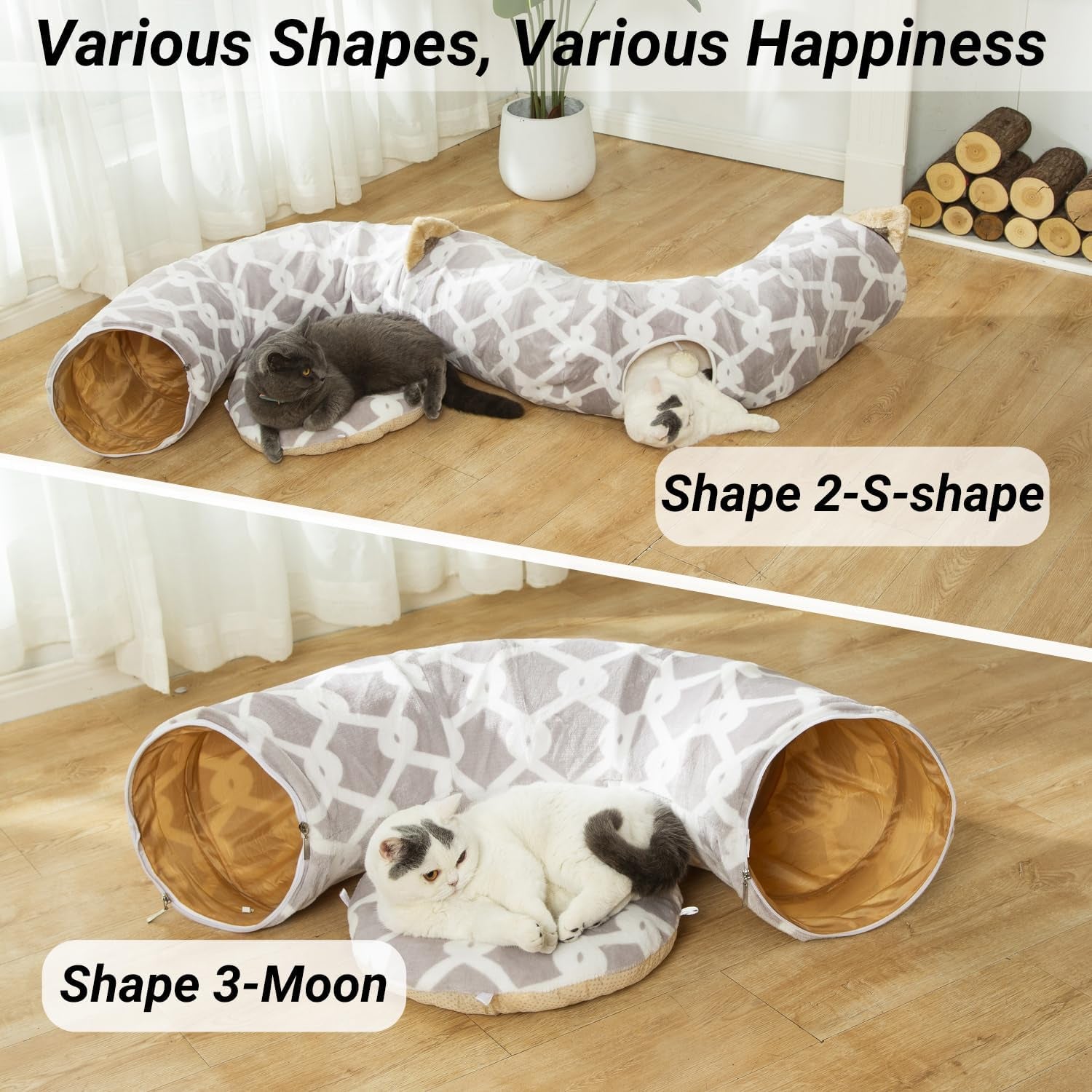 "Large Cat Tunnel Bed with Plush Cover and Toy Balls - Flexible Design for Cats and Small Dogs"