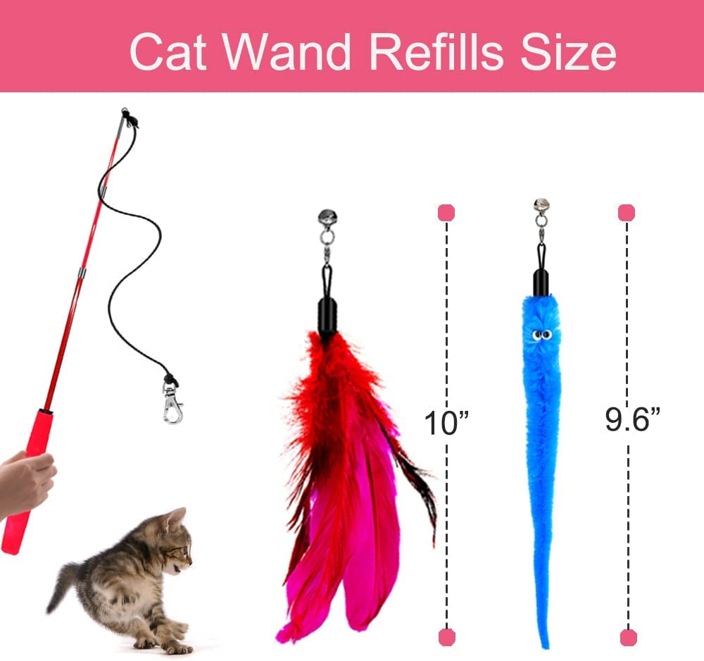 "Retractable Cat Toy Wand with Feather Attachments and Bells - Interactive Exercise Toys for Cats and Kittens, Includes Replacement Refills"